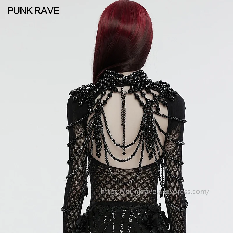 PUNK RAVE Women's Gothic Skull Beaded Neck Cover Multi Layers Hand Woven Pearl Luxurious Noble Elegance Halloween Accessories view 3