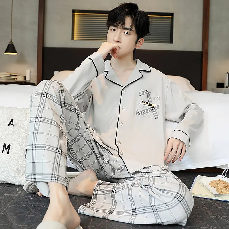 Korean Style Teen Boys Plaid Cotton Pajamas Set Plus‑Size Long Sleeve Cardigan Homewear Spring Autumn Casual Nightwear Hombre