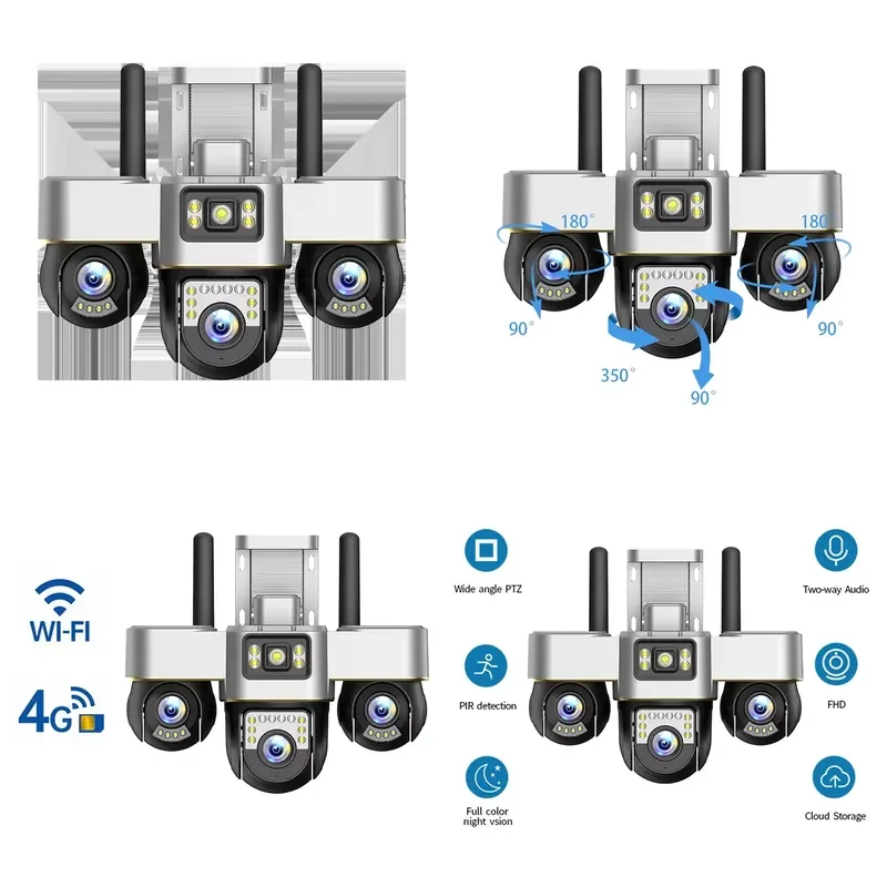 3-lens Wireless LTE PTZ Security Camera Outdoor 6MP 3k Wide Angle Night Vision Human Motion Detection Alarm Mobile Remote