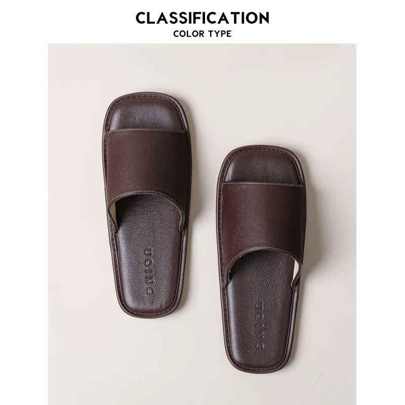 شبشب نسائي ترفيهي منزلي من جلد البقر مفتوح من الأمام صيفي للجنسين #3