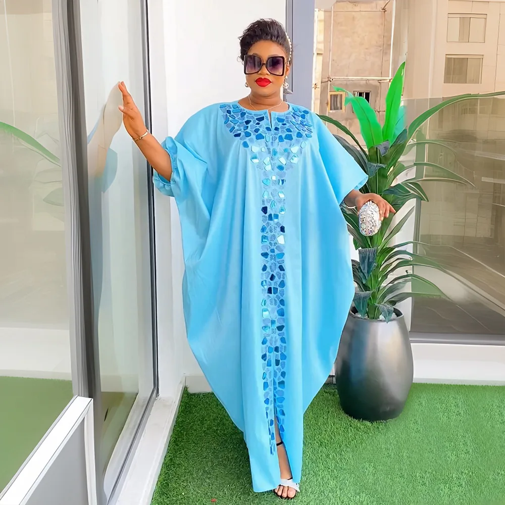 Plus Size Loose Diamonds Long Dress Summer Half Sleeve Split Maxi Dresses Elegant African Evening Vestidos Party Robes 2024