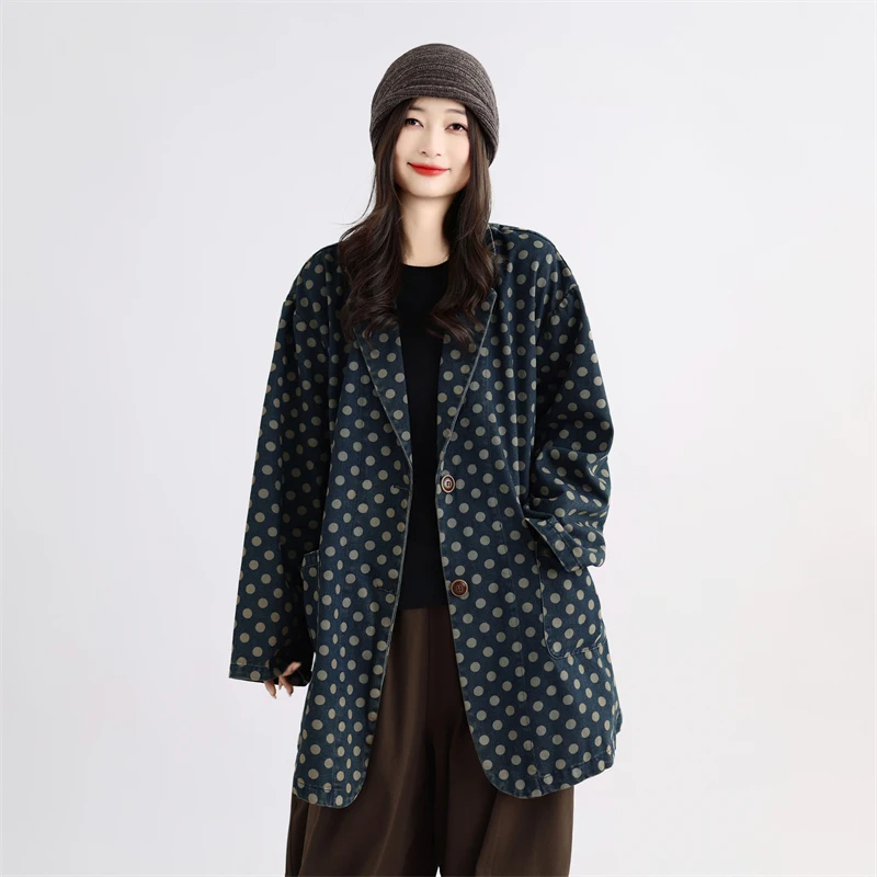 Retro Casual Loose Slimming Denim Print Long Sleeve Jacket Women's Loose Casual Suit Top Cotton 100% No Stretch Spring Autumn