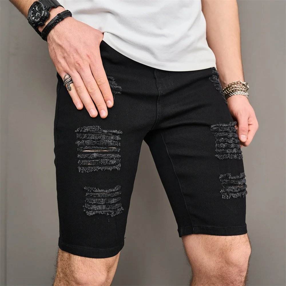 Street Men Holes Distressed Slim Beach Denim Shorts Summer Stylish Solid Male Casual Jean Five-point Pants