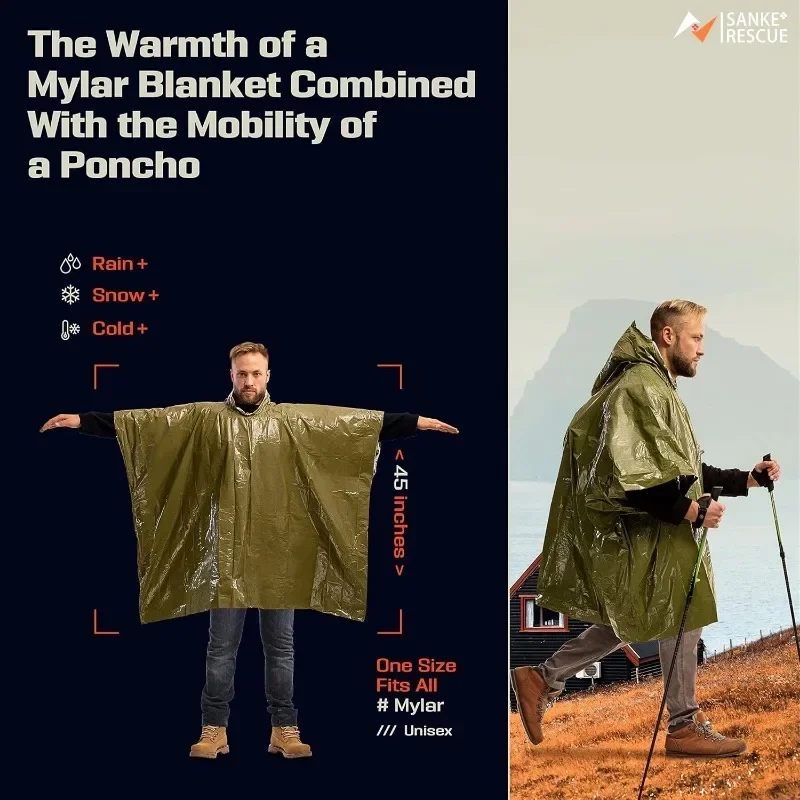 Poncho de sobrevivência de emergência – Capa de chuva impermeável de folha de alumínio para camping, caminhadas e atividades ao ar livre |   Manta Térmica Multiuso