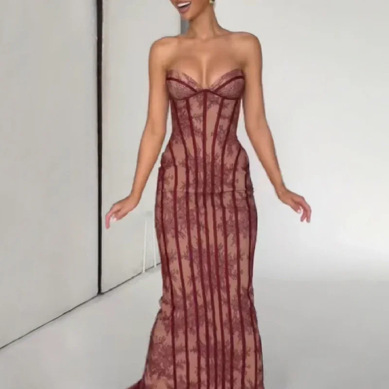 Elegantes, schickes Partykleid aus Gaze mit Fischgrätenmuster, schulterfreies, trägerloses Maxikleid für Damen, Spitze, tailliert, Vestidos 2026, Abendkleider – Detail 6