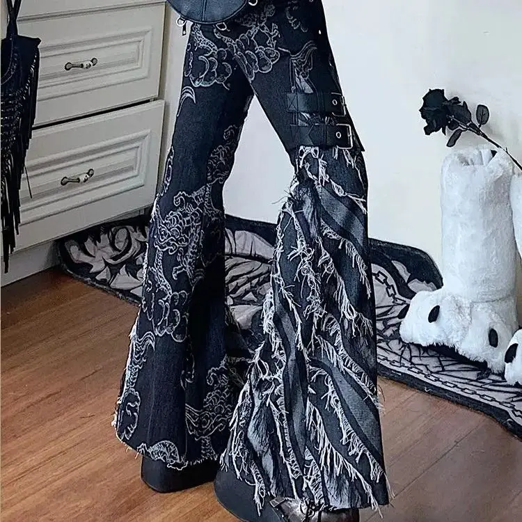 Punk Jeans Women Printed Micro-Flares Chic Personalized Low-Waisted Slimming Chic Floor-Length Pants