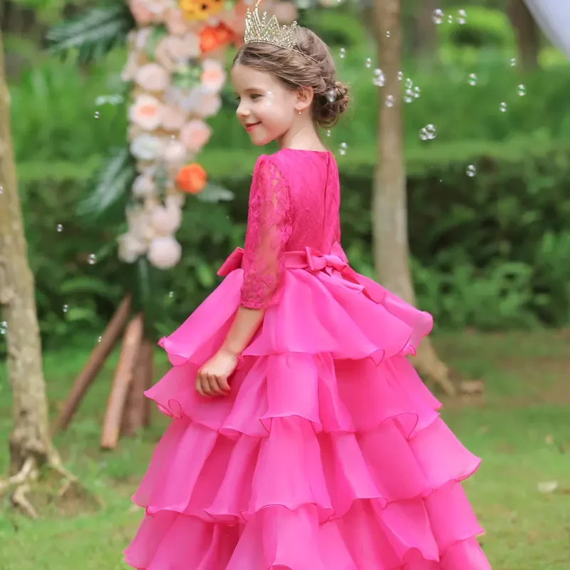 Fashion Bow Children Bridesmaid Dresses Lace Solid Color Short Sleeve Kids Dresses for Girls Summer Girls Party Dress 3-10 Years image 5