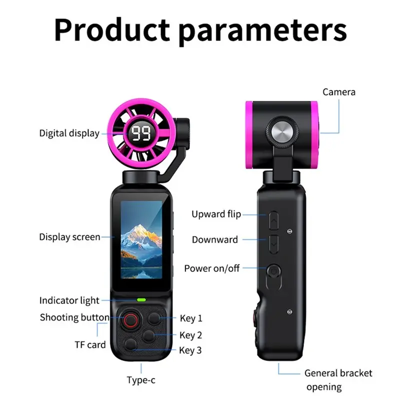 AA60-Handheld Fan Gimbal Camera HD Vlog Camera 1080P 180° Rotatable With Cooling Fan 2000Mah Portable Action Cam