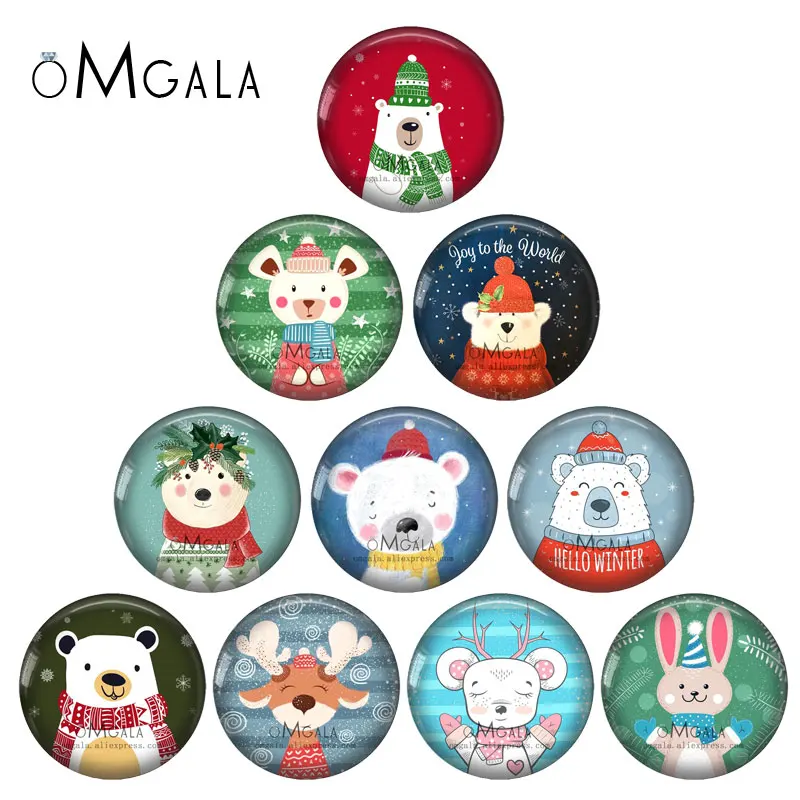 Lovely Christmas Elk Bear Rabbit Art Painting 12mm/14mm/18mm/20mm/25mm Round photo glass cabochon demo flat back Making findings