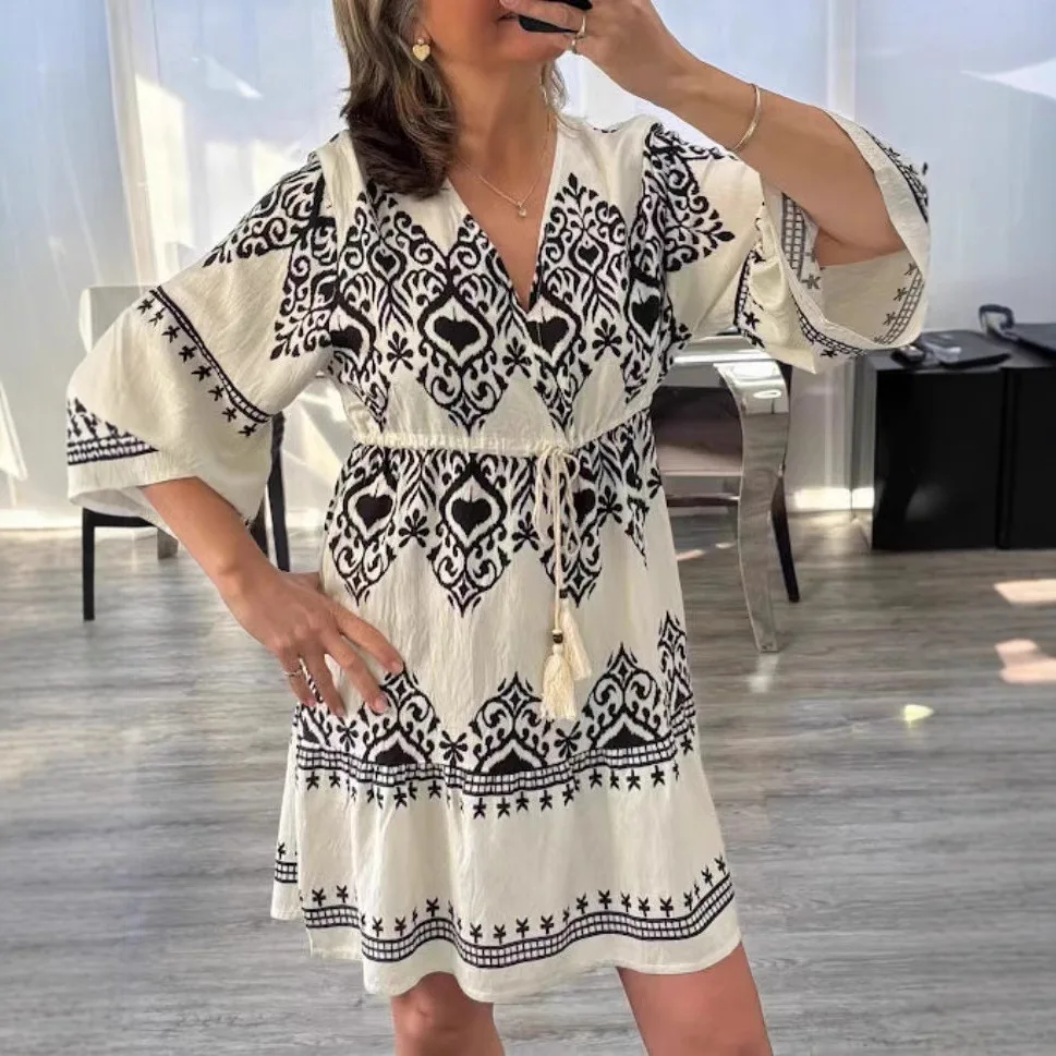 

Fashion Bohemian Print Dress Casual Versatile Women's Clothing Elegant V-neck Flared Sleeve Loose Lace-up Midi A-line Dresses