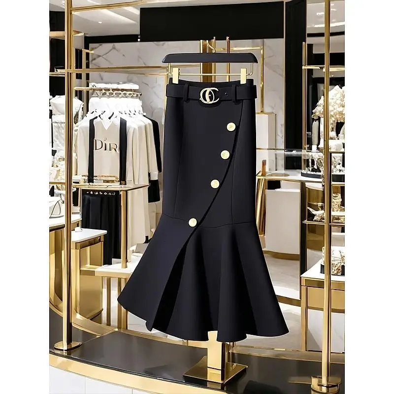 2025 Spring New Fashion Irregular High Waist Black Pleated Skirt Women Clothes Fashionable Buttons Ruffles Skinny A-line Skirt