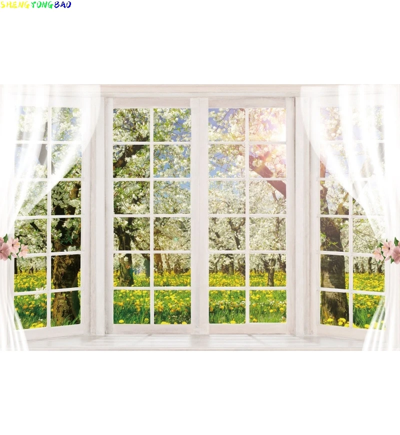 

Spring Scenery Window Backdrop Windowsill Curtain Natural Landscape Flower Forest Adult Baby Portrait Photography Background