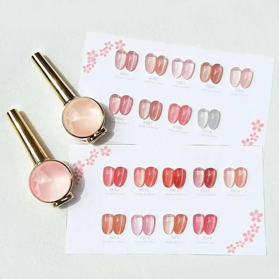 Set de esmalte de uñas gel efecto ojo de gato cristal rosa sakura, semipermanente brillante UV LED, esmalte removible con carta de colores 4