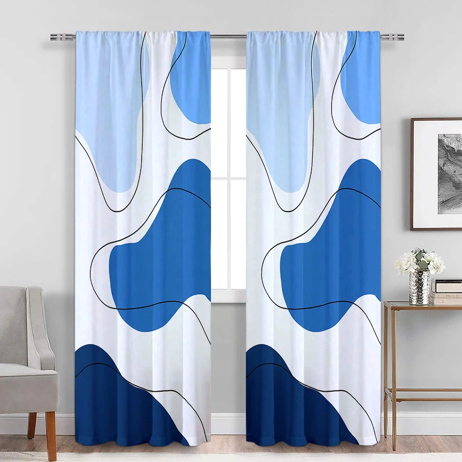 2PCS Digital Print Curtain, Abstract Blue Irregular Shapes with Black Outline, Modern Art Style for Living Room Bedroom Decor