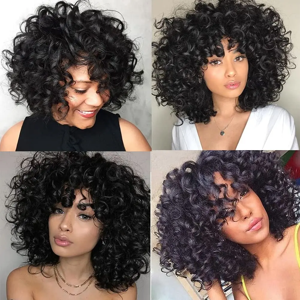 250% Bouncy Curly Bob Human Hair Wigs Loose Bouncy Rose Curly Wigs With Bangs Brazilian Remy Hair Machine Made Wig for Women