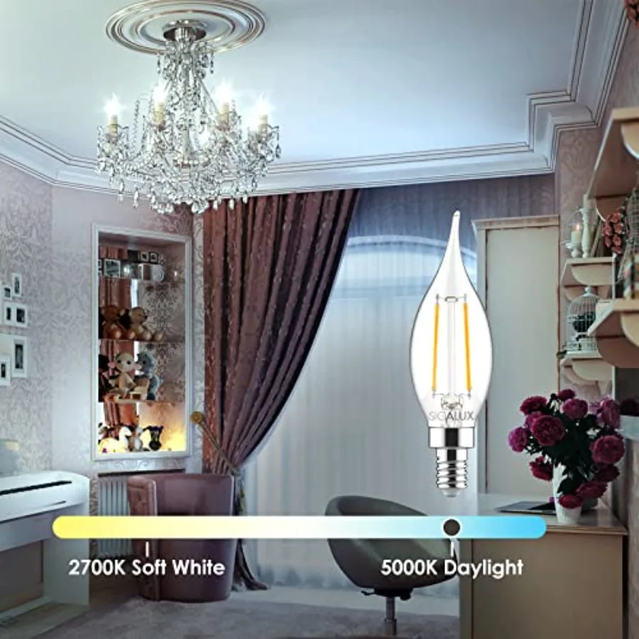 Candelabra LED Light Bulbs Dimmable, E12 40W CA10 Flame Tip Candle, 5000K, 300LM E12 LED for Chandeliers, Ceiling Fan, Pendant,