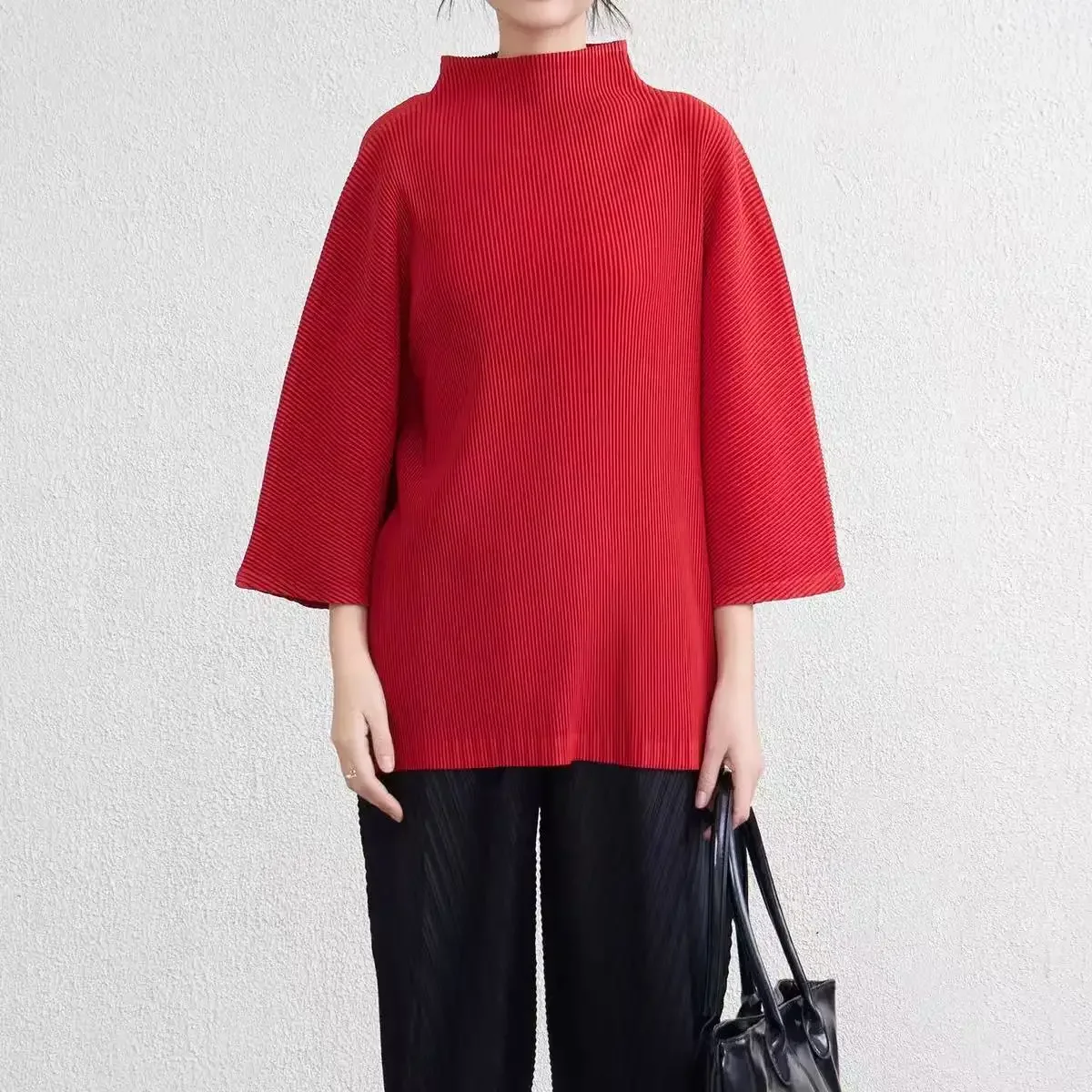 YUDX Miyake Fold Spring Summer New Women's Blouse Temperament Loose Version Type Thin Half High Neck Seven-point Sleeve T-shirt