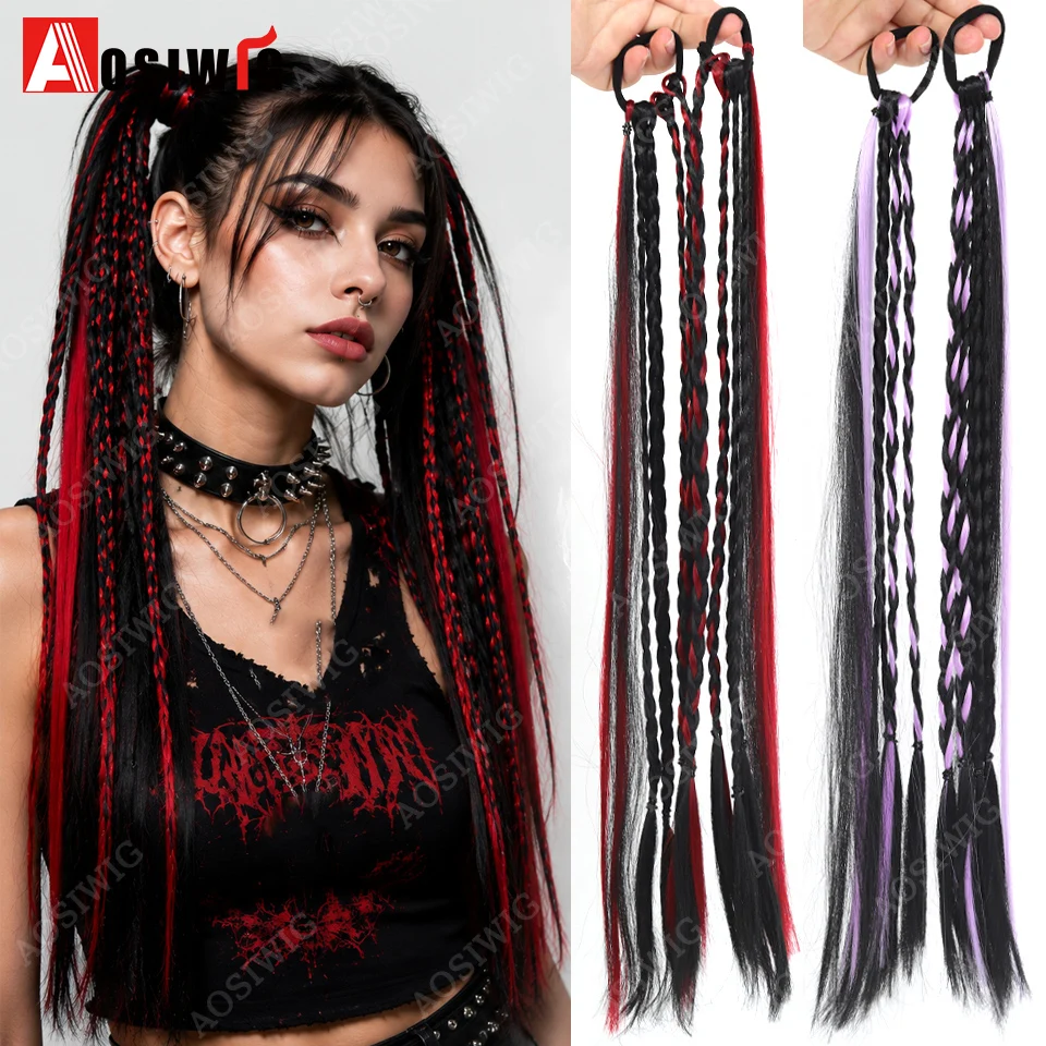 2Pcs Synthetic Elastic Boxing Braids Ponytail Hair Extension Heat Resistant Fiber Red Black Mixed Braided Hair Tie Ponytail Wig