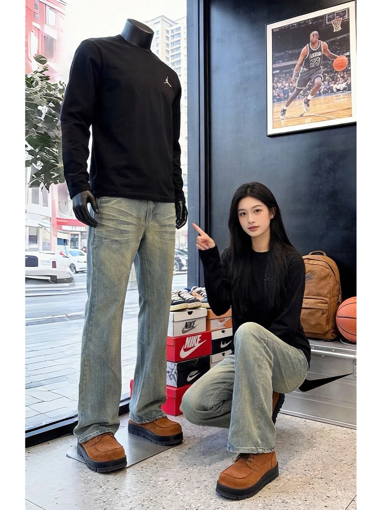 

Blue American Sle Bell Bot Jeans Men's Straight Leg Casual Pants High Waist Zipper Closure Youthful Trendy Versatile