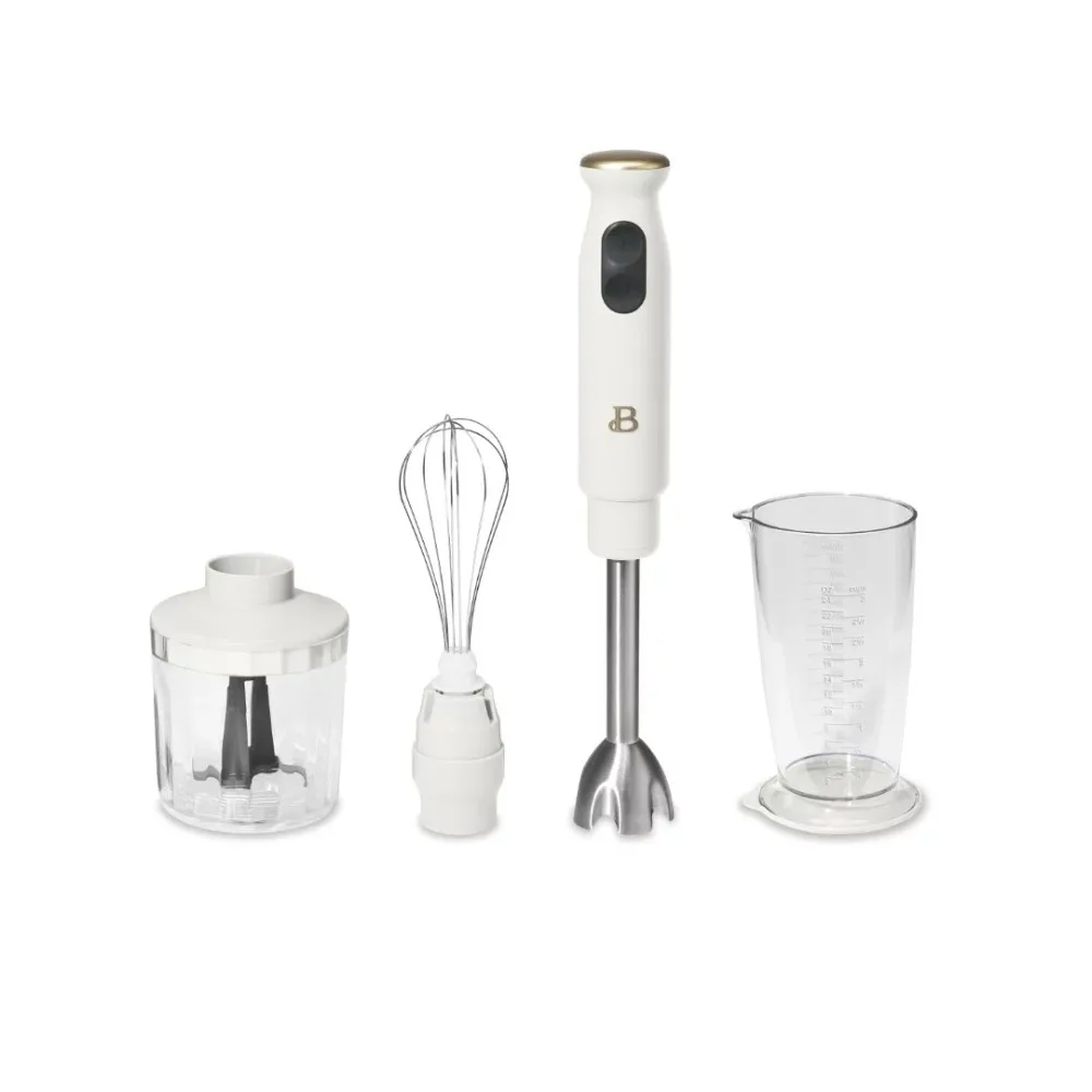 2023 New Beautiful 2-Speed Immersion Blender with Chopper and Measuring Cup, White Icing By Drew Barrymore