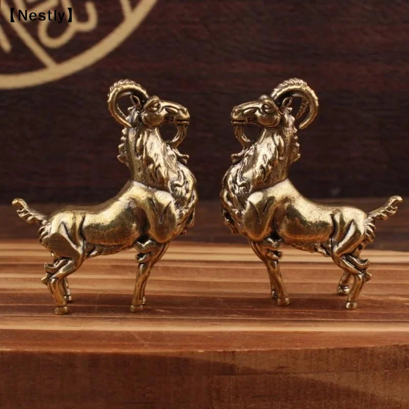 1 Piece Miniatures Tea Pet Figurines Brass Retro Beard Haughty Antelope Metal Creative Handicraft Office Desktop Ornament〔Nest〕