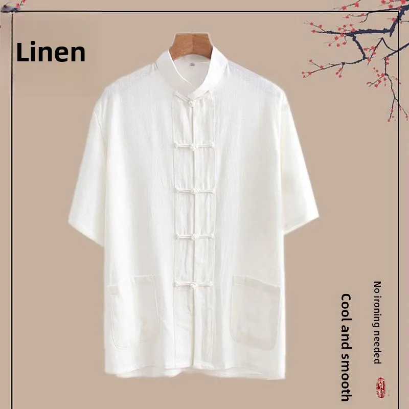 Chinese Style Men's Cotton Linen Short Sleeve Shirt Vintage Buttoned Buddhist Layman's Clothing Summer Youth Cotton Linen Top