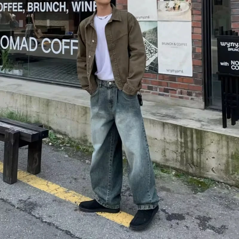 

Spring New Fashion Vintage Blue Straight Loose Wide Leg Jean Trousers Men's Casual Trendy Gradient Color Korean Style Jeans Pant