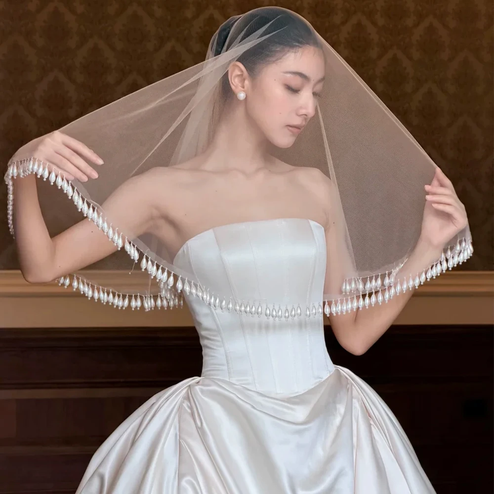 Drop Pearls Wedding Veil Without Comb 1T Bridal Veils Short Elegant Wedding Veils image 5