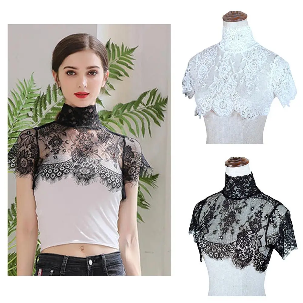 Women Detachable Fake Collar Half Shirt Blouse Sweet Crochet Sheer Eyelash Floral Lace Wedding Dress Dickey Neck Cover