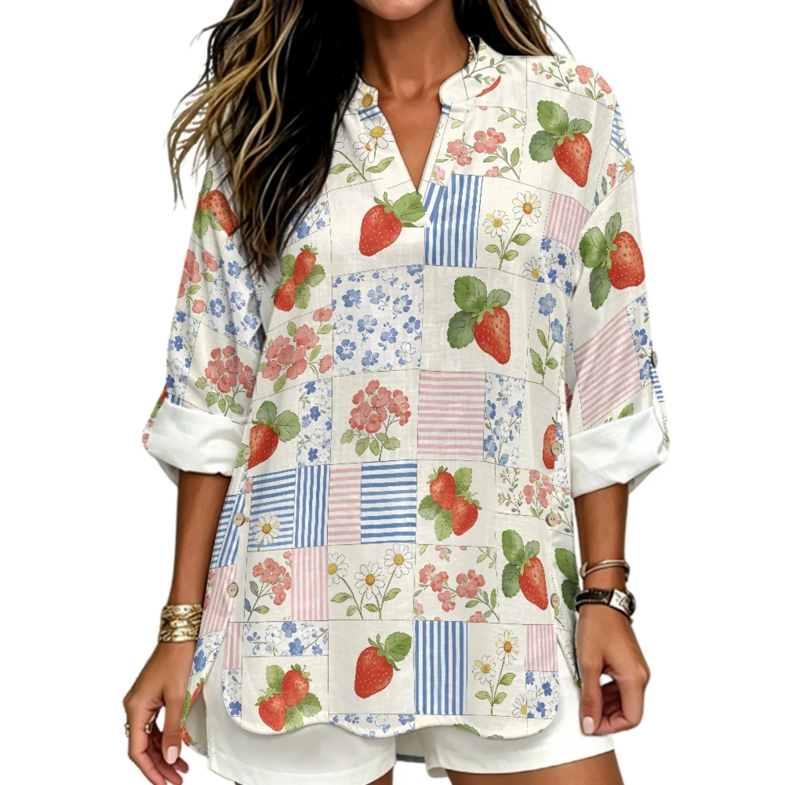 PENSTROLL Strawberry Floral Patchwork Print Linen Like Loose Fit Blouses V Neck Blouses for Women Notch V Neck Blouses