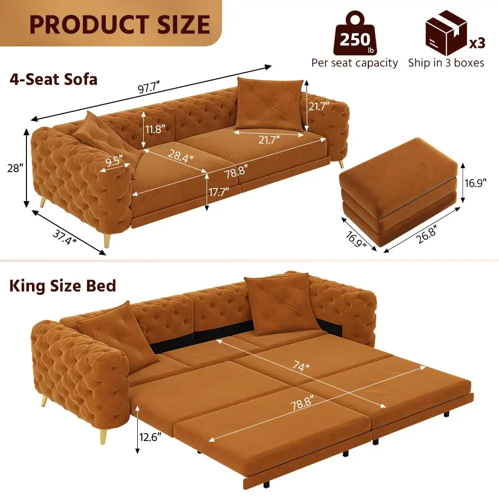 3-in-1 Convertible Sleeper Sofa, Button Tufted Velvet Couch with Movable Ottoman - 4-Seater Pull Out Sofa Bed for, Custom