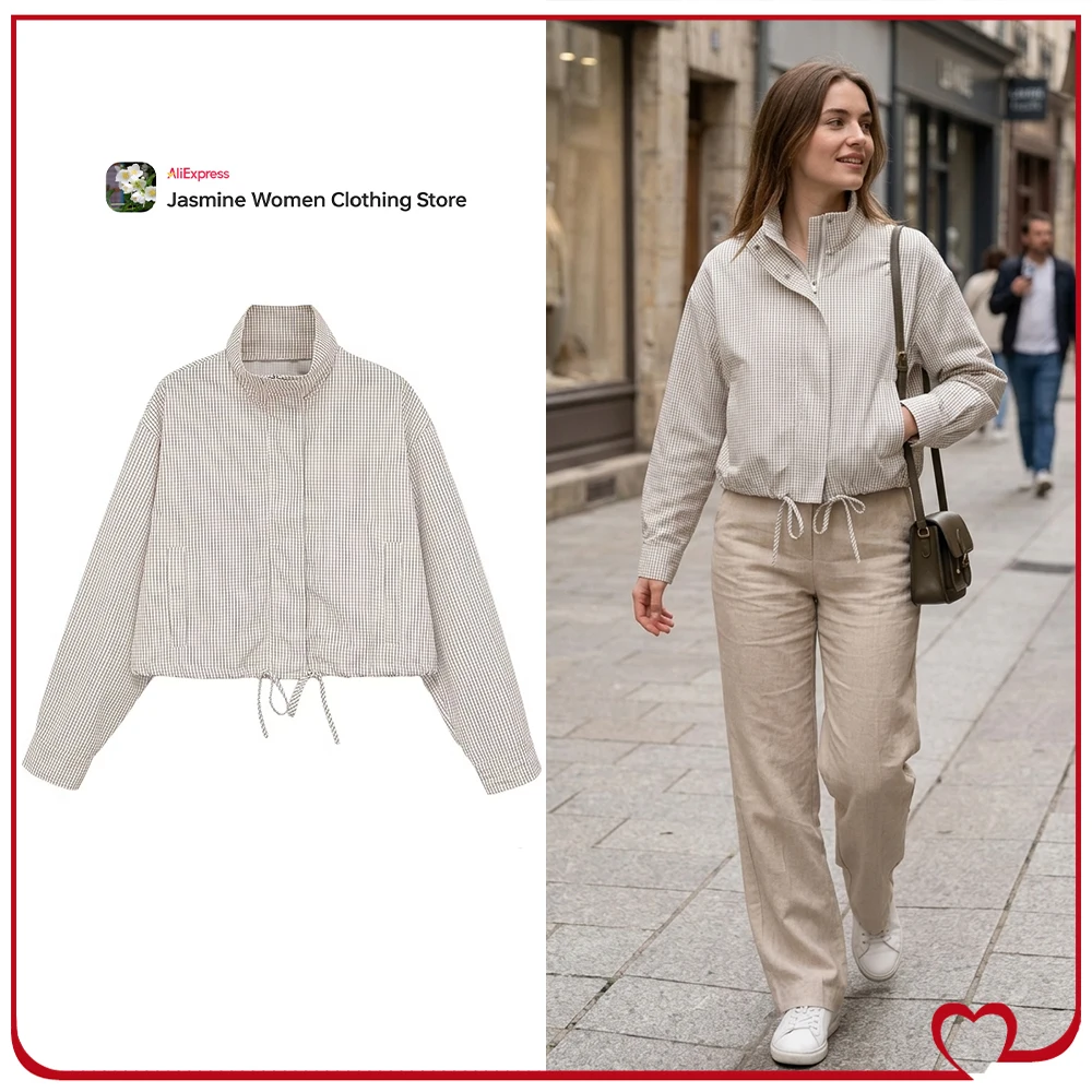Casual Spring Women's Zippered Plaid Jackets with Adjustable Drawstring Hem High Collar Long Sleeves Outwears with Pleated Cuffs