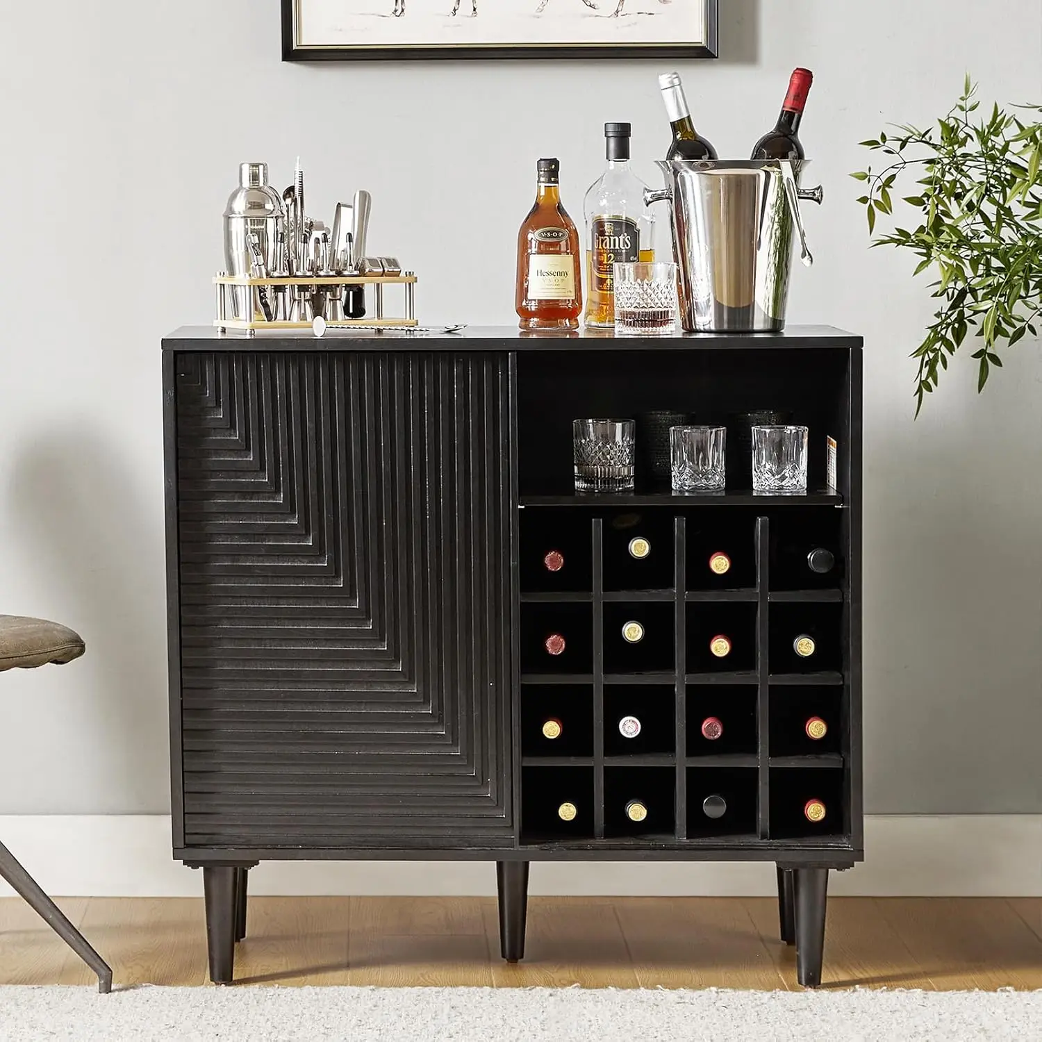

Coffee Bar Cabinet with Wine Racks, Mid-Century Modern Sideboard Wine Bar Buffet, Black