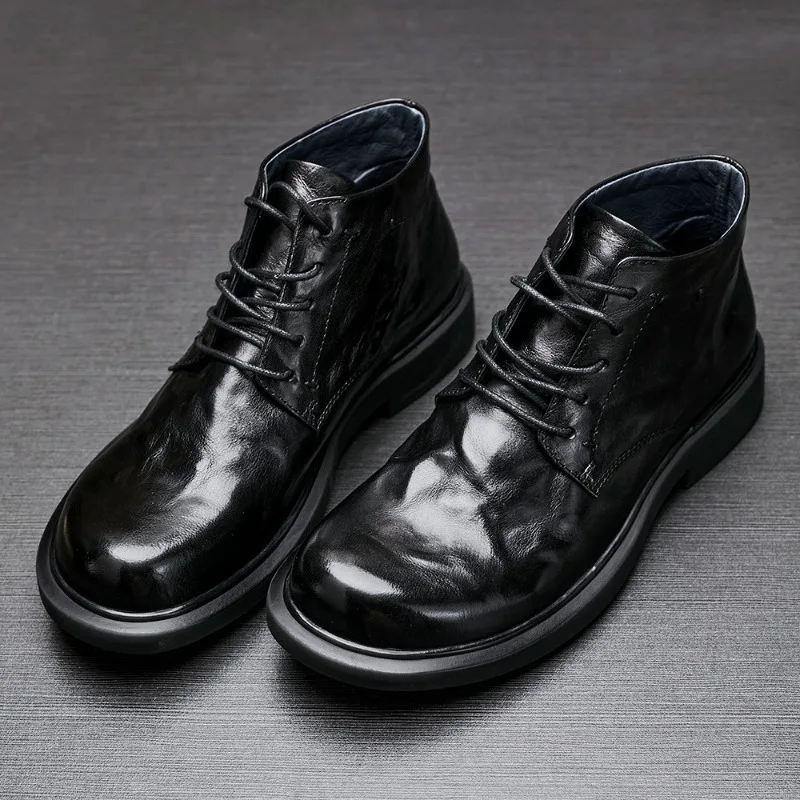 

Tire Cowhide Motorcycle Boots Men's Leather Casual Fashion Boots Round Toe Mid-top Black Flat Shoes