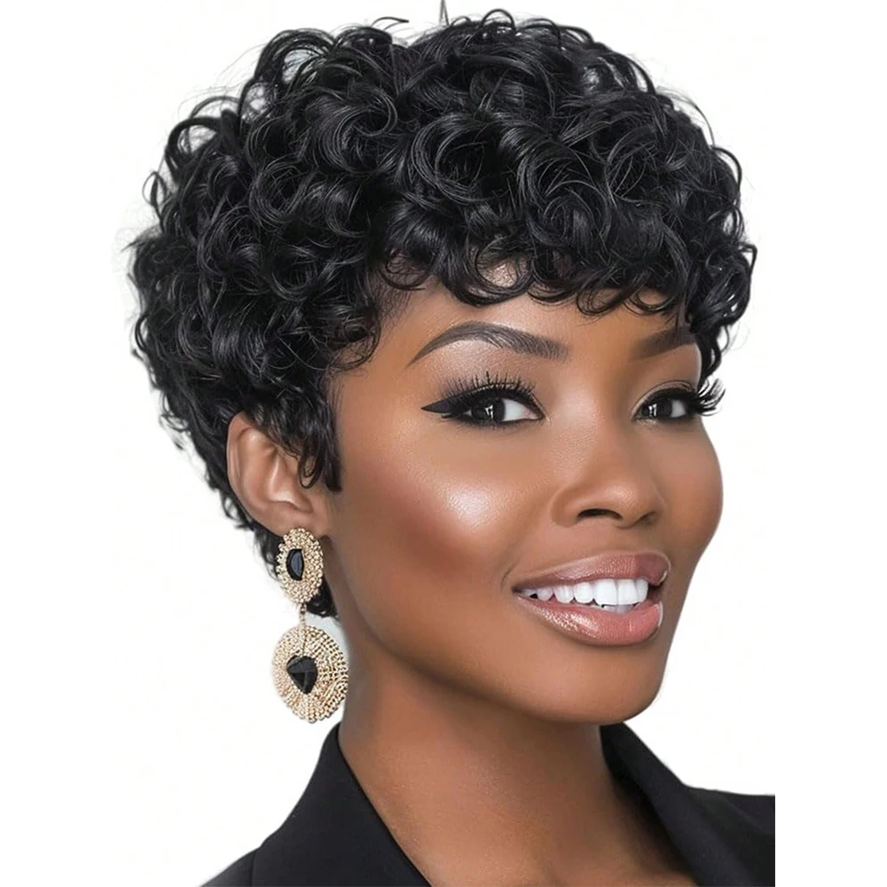 Short Pixie Wigs for Black Women Short Black Curly pixie Wigs Synthetic Hair Wigs for Black Women Natural Wavy Black pixie Cut