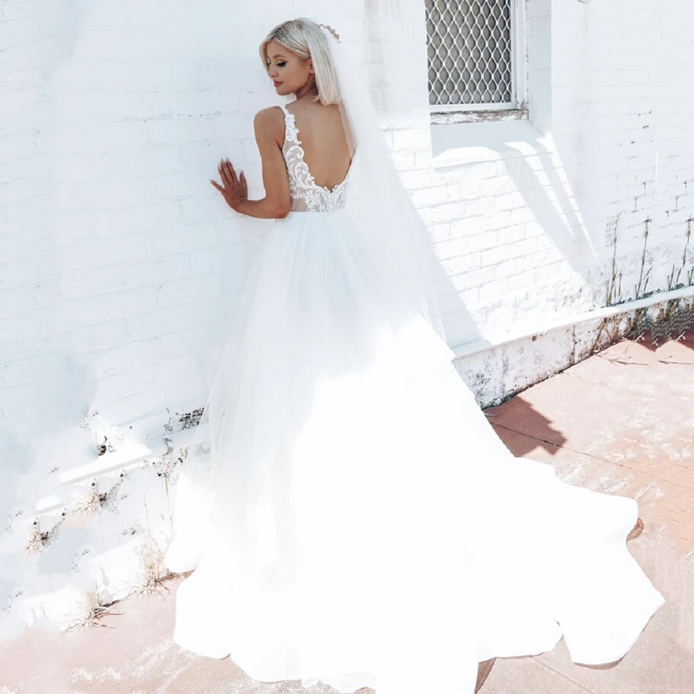 Boêmio manga tanque vestido de casamento profundo decote em v vestidos de noiva sem costas rendas noiva robe ilusão de novia robe de mariée