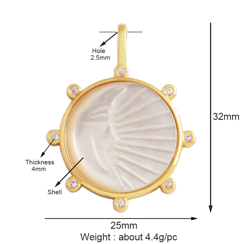Kompass, glänzender Sonne, Mond, Stern, Muschel-Charm-Anhänger, 18 Karat vergoldetes Gold, eingelegter Zirkonia, Schmuck, Halskette, Armband, Zubehör S45 – Detail 9