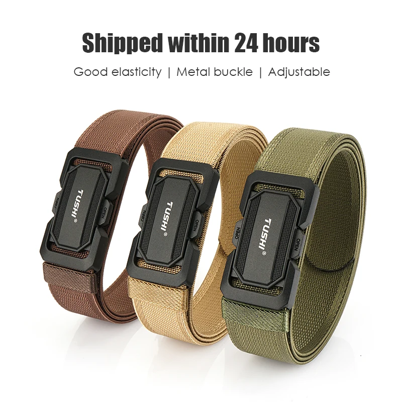 VATLTY New Fashion Men's Elastic Belt Metal Buckle Quick Release Tactical Outdoor Belt Soft Genuine Nylon Adjustable Casual Belt
