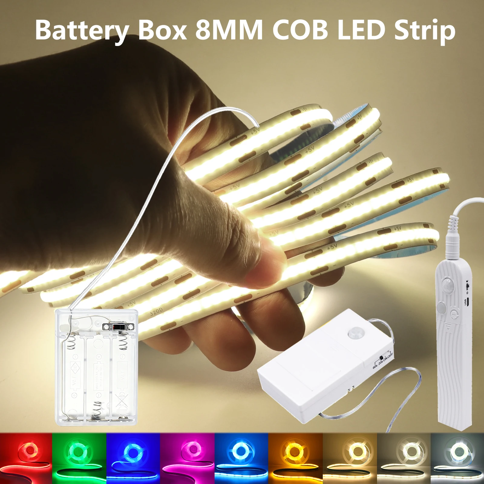 8mm COB LED Strip 5V With Motion Sensor 3AA 4AAA Battery Powered 320LEDs/m Flexible Adhesive Tape Induction Night Light 9 Colors