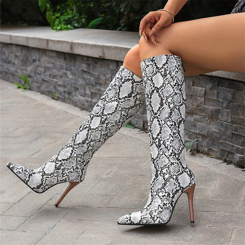 

2024 White Snake Print Leather Knee High Boots Thin Heel Zipper Sexy Party Shoe Pointy Toe Thigh High Woman Long Boot Size 34-43