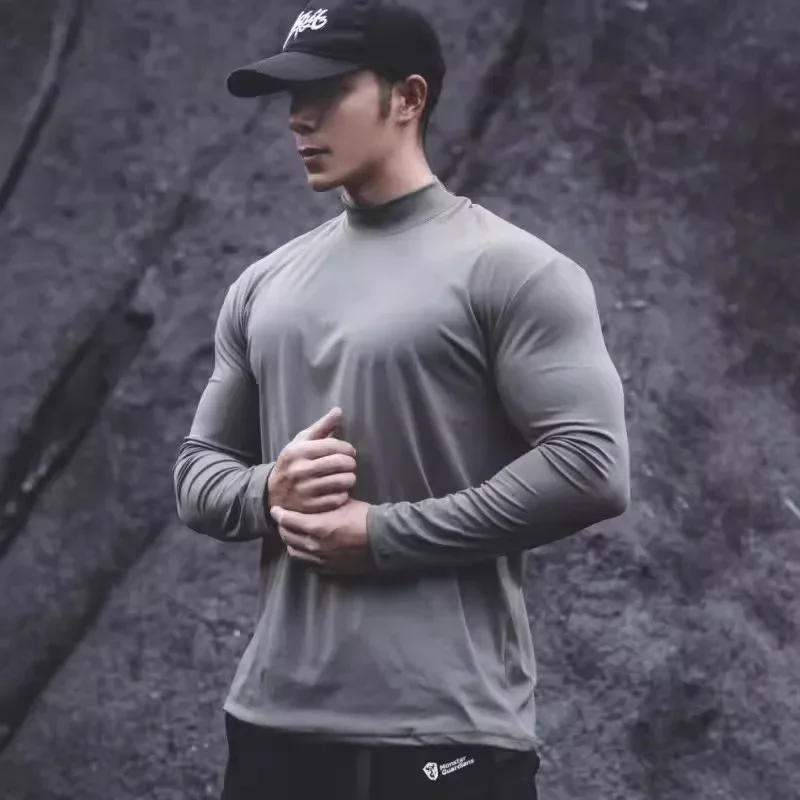 Men's T-shirt, Semi-turtleneck Tight-fitting Slim-fit Stretch-knitted American Sports Quick-drying Long-sleeved T-shirt