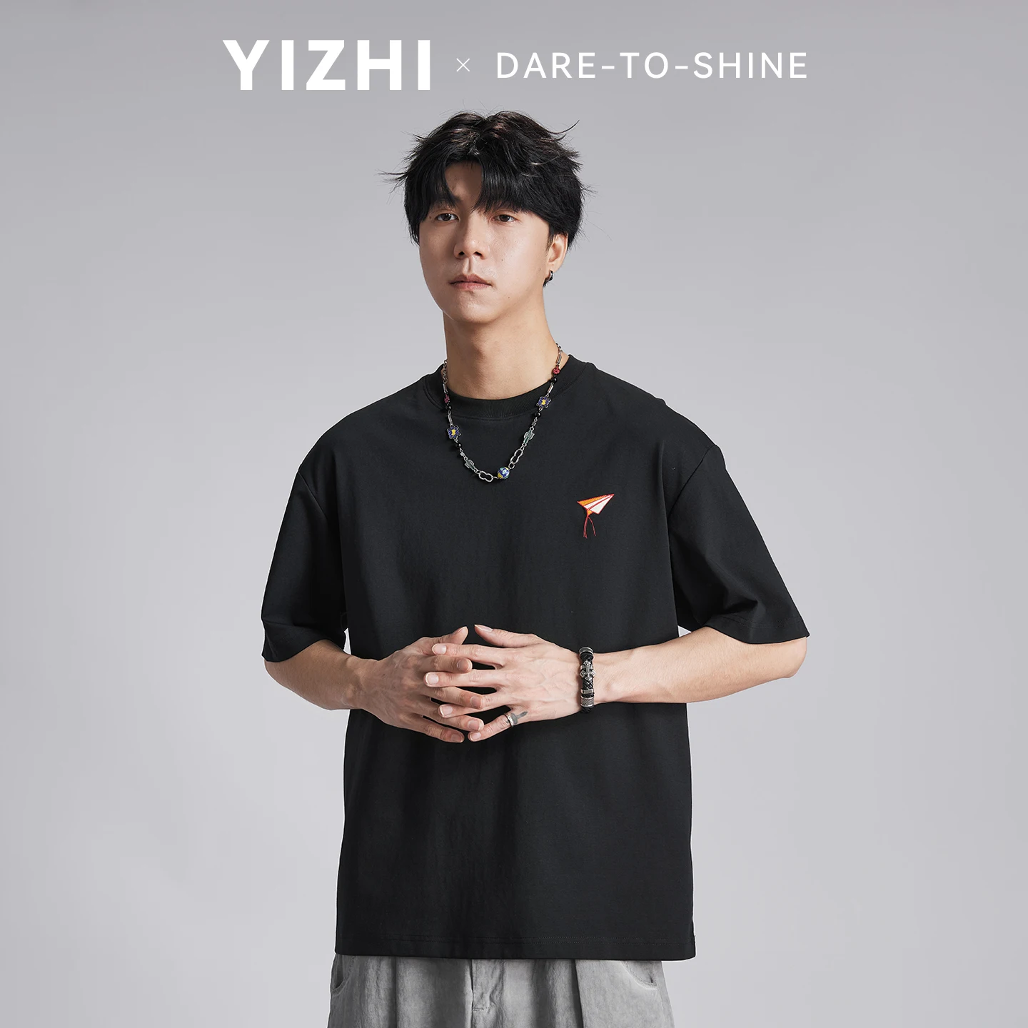 Men 210g Heavyweight Kite Embroidery T Shirt 2026 Summer Loose Drop Shoulder Skin Friendly Breathable Casual Short Sleeve Tops