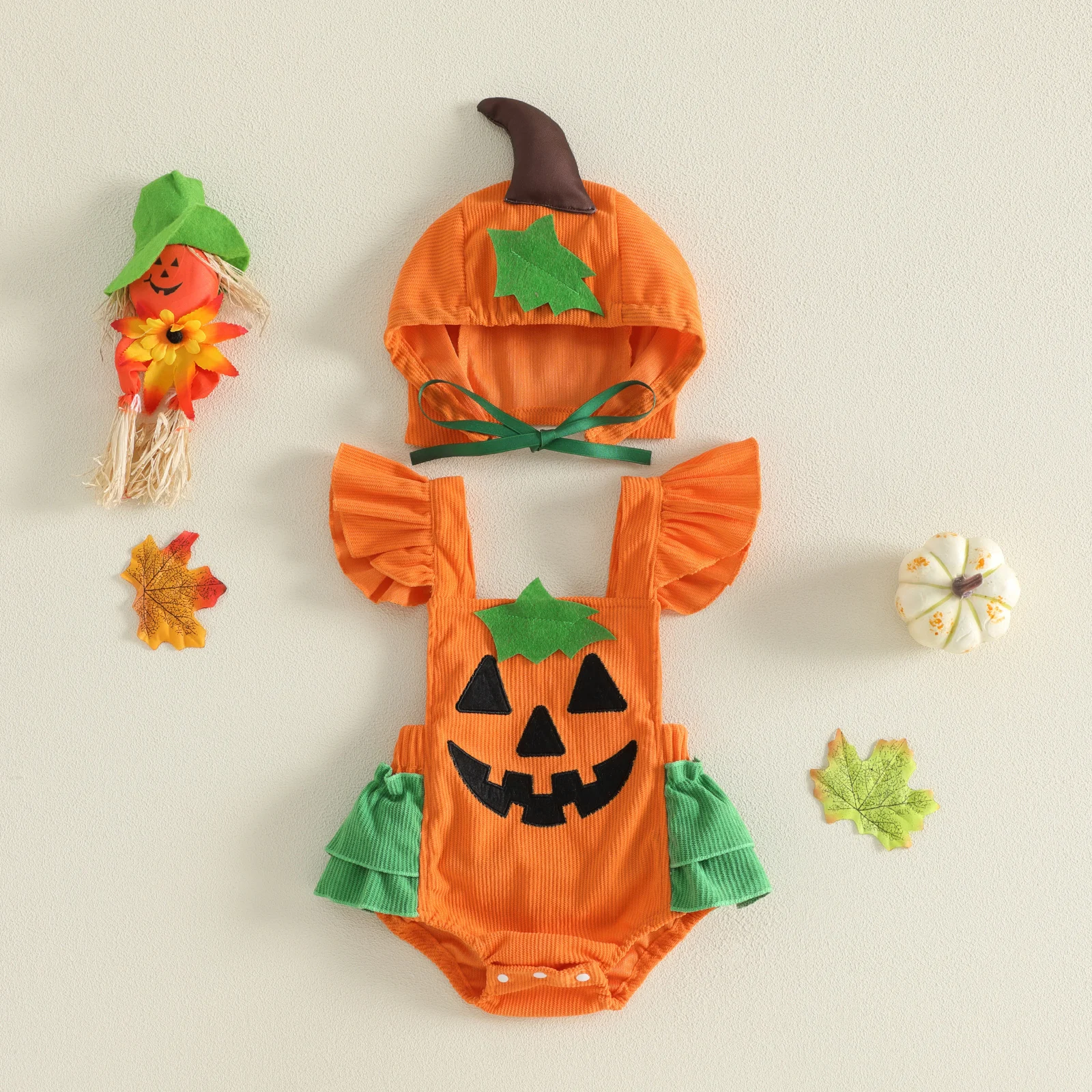 Baby Girls Halloween Bodysuits Outfits Flying Sleeve Pumpkin Costume Corduroy Romper and Hat