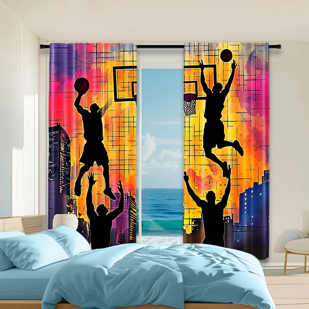2Pcs Basketball Street Scene Curtains Rod Hole Design For Bedroom Living Room Dining Decor Polyester Machine Washable
