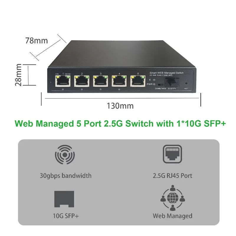 Custom 5-Ports 2.5G RJ45 10G SFP+ Uplink Web Managed VLAN QoS IGMP Desktop 45Gbps Capacity Enterprise Ethernet Network Switch