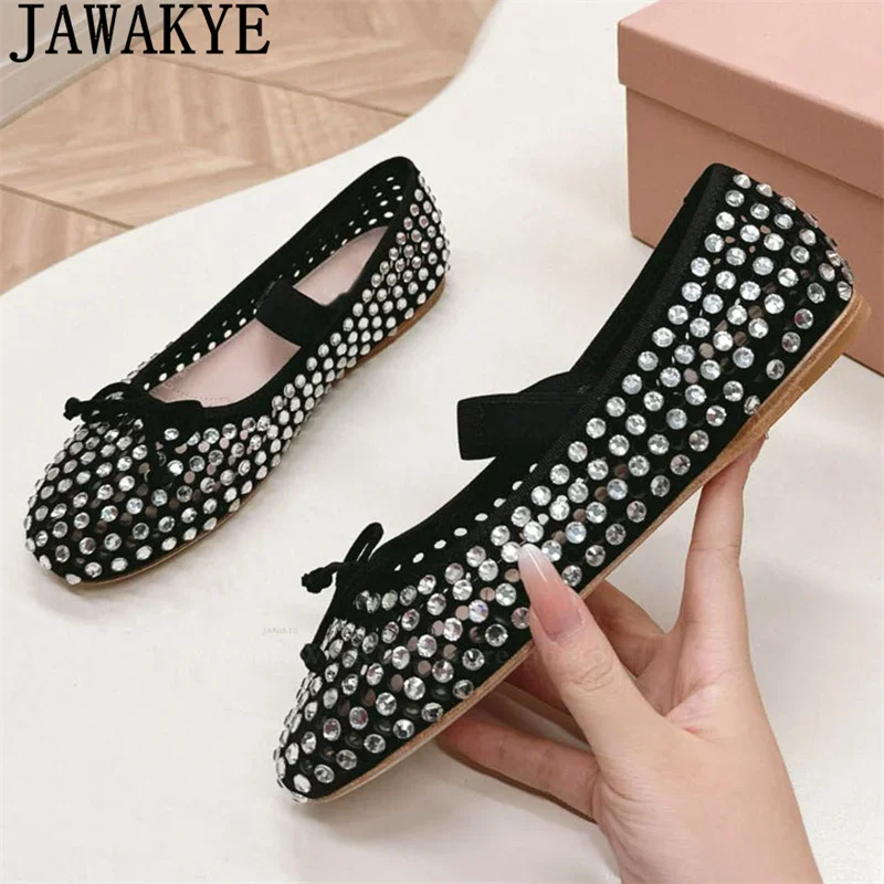 Top High quality Mesh Luxury Rhinestone Flat Shoes Woman Black Hollow Out Crystal Shoes Summer Ballet Dance Flats Shoes Woman