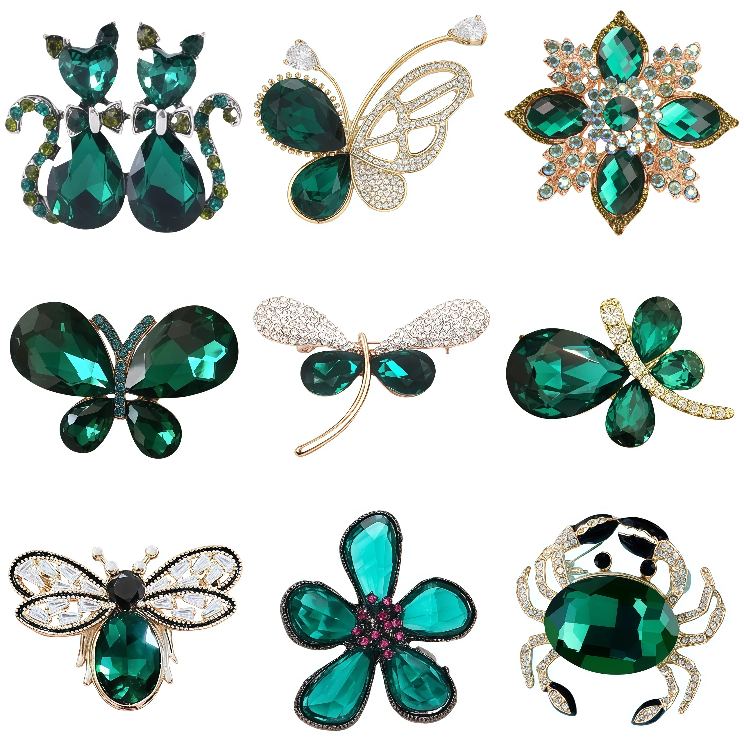 Essh&Pule Luxury Emerald Tone Statement Brooch Sparkling Crystal Rhinestone Ornate Lapel Pin Elegant Women Wedding Coat Jewelry
