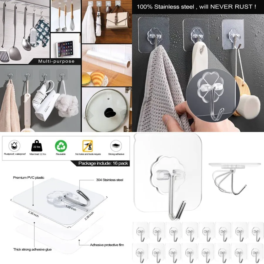 

16 Pack Heavy Duty Self Sticky Wall Hooks with 22lb Capacity for Bathroom Kitchen Outdoor Ceiling Shower Towel Key Coat Wreath