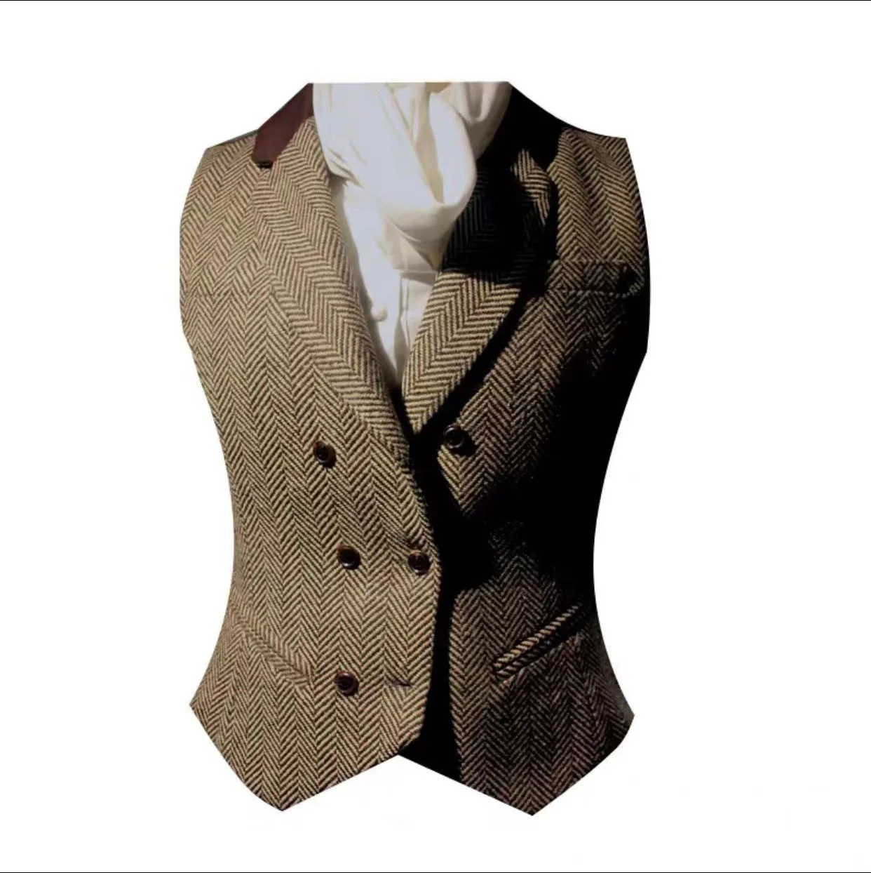 Ladies Herringbone Wool Tweed Double Breasted Business Tank Top Slim Fit Ladies Vintage Office Formal Workwear