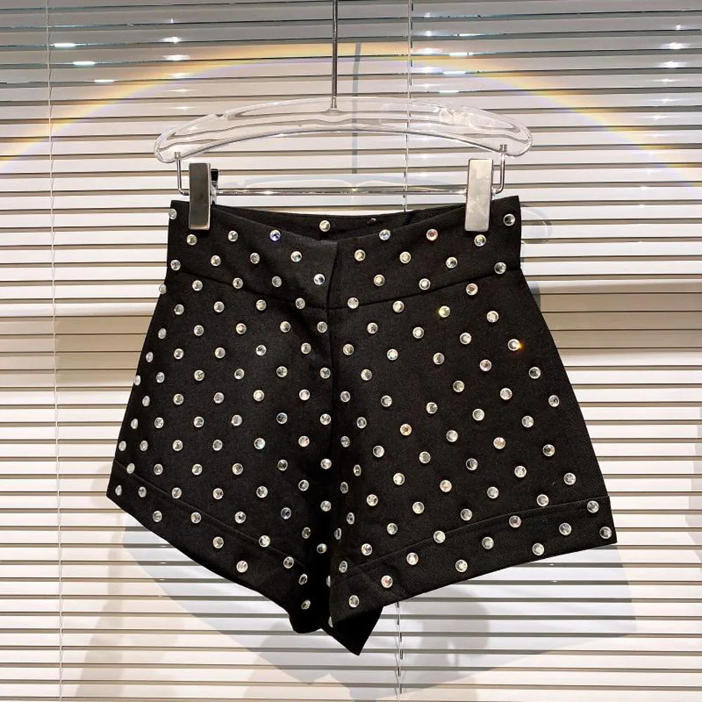 Novo grande strass temperamento shorts para mulheres de cintura alta ajuste fino branco preto curto calças verão shorts 2022